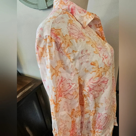 J. Jill Size Small Blouse 100% Linen Button Up Long Sleeve Coral Print Lagenlook - Picture 3 of 9